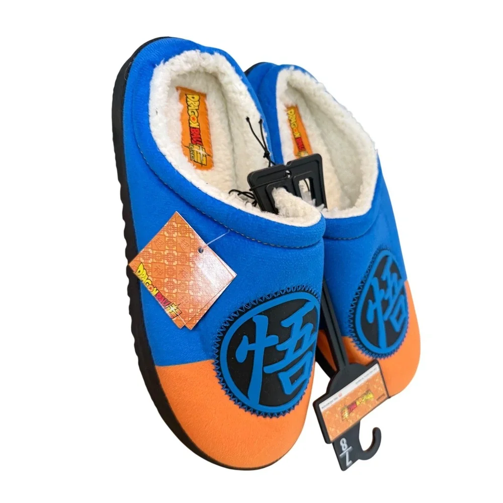 Dragon Ball Super Goku Slippers Mens 7-8 Blue Orange Kanji Faux Fur House Shoes